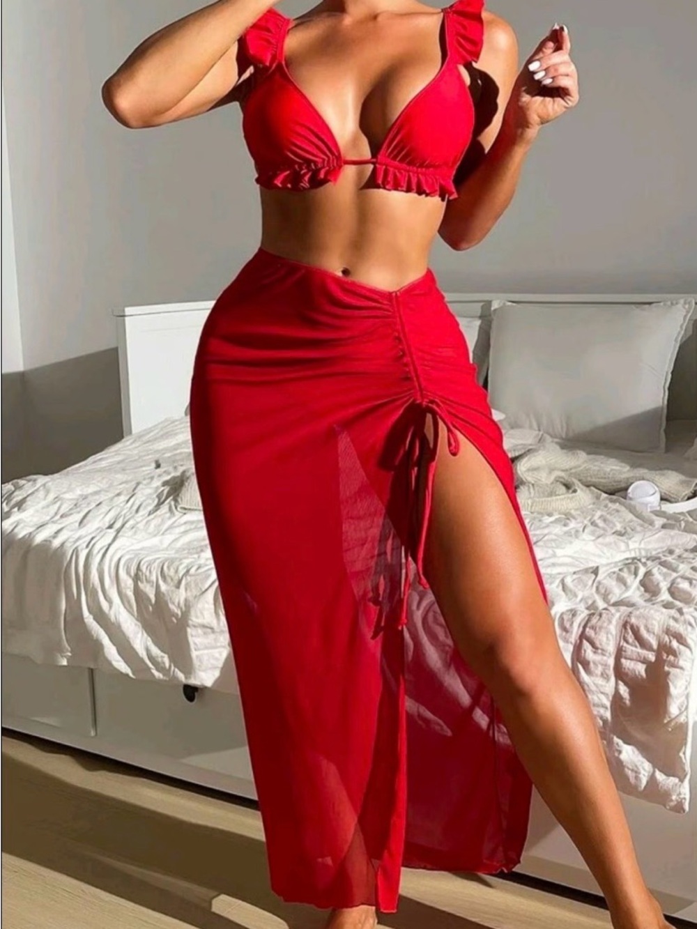 Sculpting Red Ruched Side-Slit Maxi Skirt